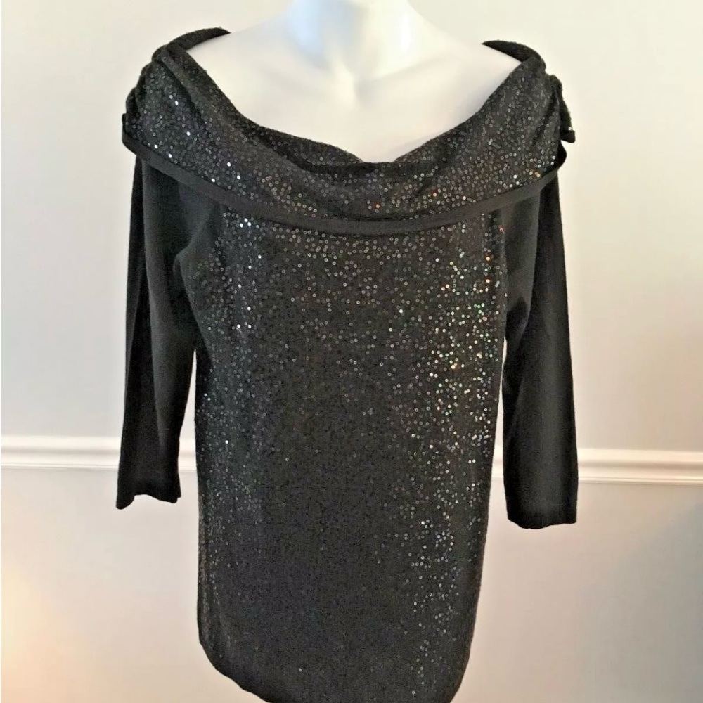 White House Black Market Black Sparkly Cowl Neck Sweater - XSmall, 3/4 Sleeve